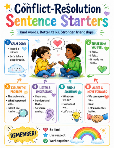 Conflict-Resolution Sentence Starters I Educational Poster I Classroom Decor