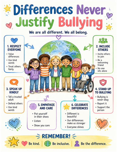 Differences Never Justify Bullying I Educational Poster I Classroom Decor