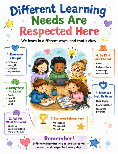 Different Learning Needs Are Respected Here I Educational Poster I Classroom Decor