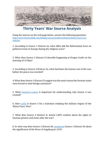 Thirty Years' War Source Analysis Worksheet