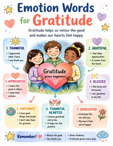 Emotion Words for Gratitude I Educational Poster I Classroom Decor