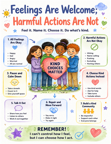 Feelings Are Welcome; Harmful Actions Are Not I Educational Poster I Classroom Decor