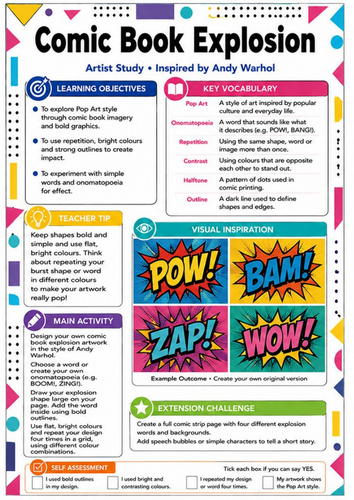 Andy Warhol Pop Art Comic Book Explosion Worksheet | KS3 Art Cover Lesson