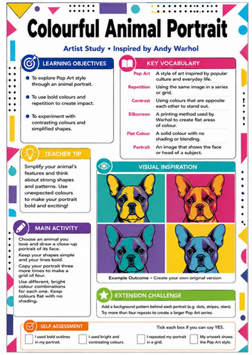 Andy Warhol Colourful Animal Portrait Worksheet | KS3 Pop Art Cover Lesson