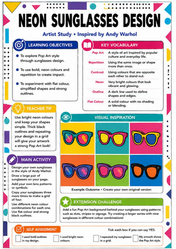 Andy Warhol Neon Sunglasses Pop Art Worksheet | KS3 Art Cover Lesson