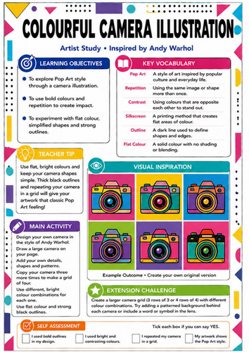 Andy Warhol Colourful Camera Pop Art Worksheet | KS3 Art & Photography Cover Lesson