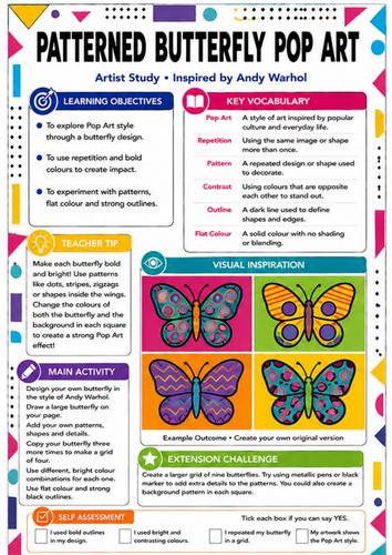 Andy Warhol Patterned Butterfly Pop Art Worksheet | KS3 Art Cover Lesson