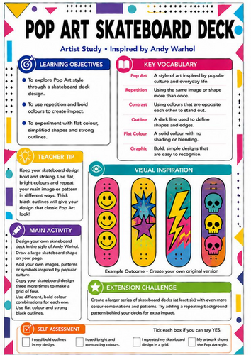 Andy Warhol Pop Art Skateboard Deck Design Worksheet | KS3 Art Cover Lesson