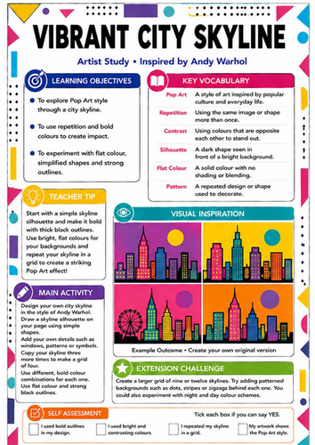 Andy Warhol Vibrant City Skyline Pop Art Worksheet | KS3 Art Cover Lesson