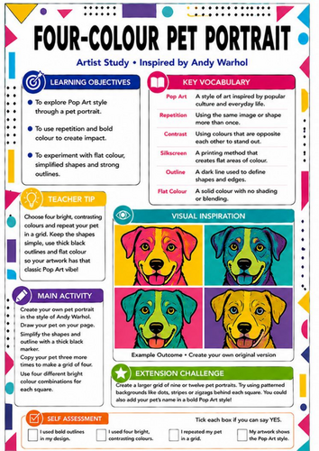 Andy Warhol Four-Colour Pet Portrait Worksheet | KS3 Pop Art Cover Lesson