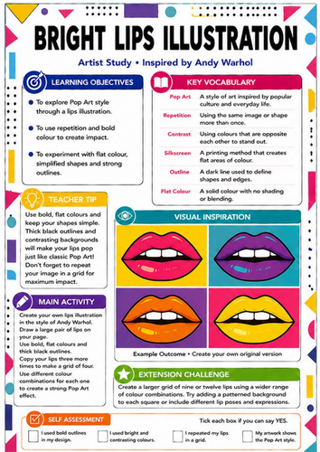 Andy Warhol Bright Lips Pop Art Worksheet | KS3 Art Artist Study Cover Lesson