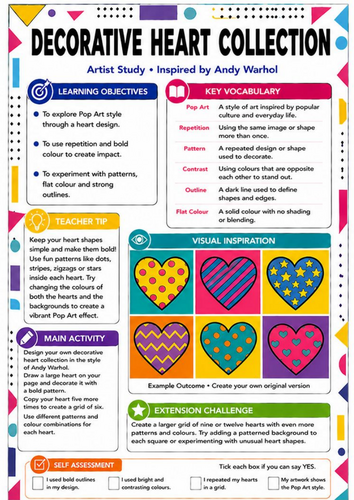 Andy Warhol Decorative Heart Pop Art Worksheet | KS3 Art Cover Lesson