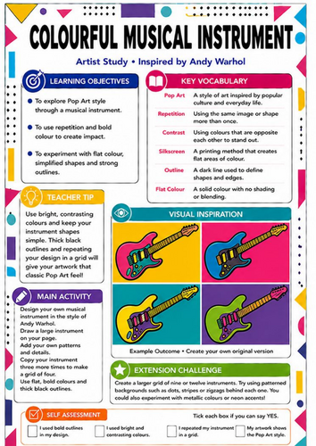 Andy Warhol Colourful Musical Instrument Pop Art Worksheet | KS3 Art Cover Lesson