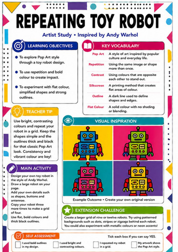 Andy Warhol Repeating Toy Robot Pop Art Worksheet | KS3 Art Cover Lesson