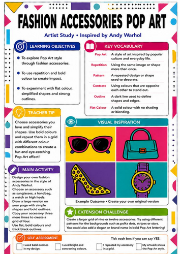 Andy Warhol Fashion Accessories Pop Art Worksheet | KS3 Art & Design Cover Lesson