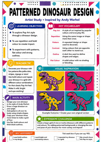 Andy Warhol Patterned Dinosaur Pop Art Worksheet | KS3 Art Cover Lesson