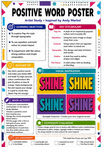 Andy Warhol Positive Word Pop Art Poster Worksheet | KS3 Art Typography Cover Lesson