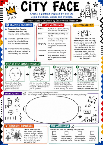 Basquiat City Face Portrait Worksheet | KS3 Urban Art Artist Study