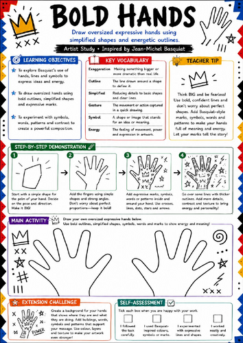 Basquiat Bold Hands Drawing Worksheet | KS3 Expressive Art Cover Lesson