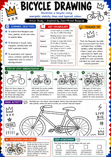 Basquiat Bicycle Drawing Worksheet | KS3 Expressive Drawing & Artist Study