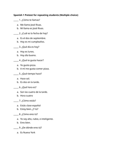 Spanish 1 Pretest for repeating students (Multiple choice)