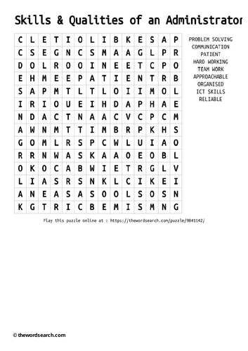 Skills & Qualities of an Administrator Wordsearch