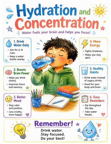 Hydration and Concentration I Educational Poster I Classroom Decor