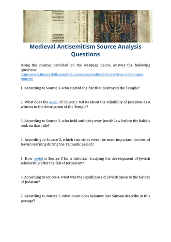 Medieval Antisemitism Source Analysis Questions Worksheet