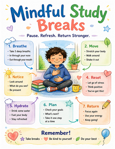 Mindful Study Breaks I Educational Poster I Classroom Decor