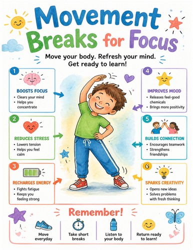 Movement Breaks for Focus I Educational Poster I Classroom Decor
