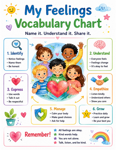 My Feelings Vocabulary Chart I Educational Poster I Classroom Decor