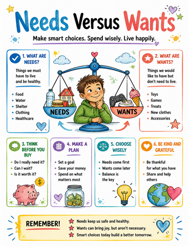 Needs Versus Wants I Educational Poster I Classroom Decor