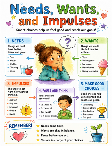 Needs, Wants, and Impulses I Educational Poster I Classroom Decor