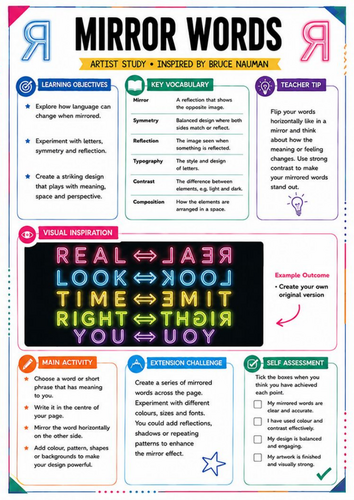 Bruce Nauman Artist Study – Mirror Words | KS3 Typography & Symmetry Worksheet