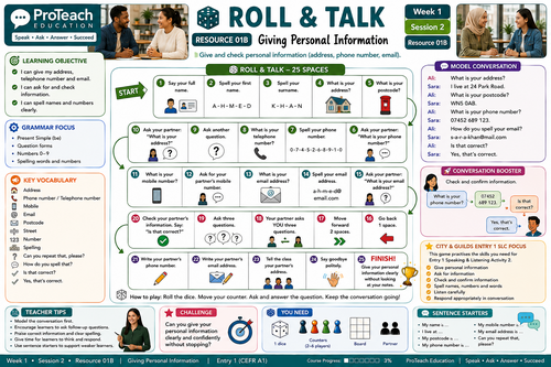 FREE ESOL Entry 1 Speaking & Listening Games | Roll & Talk | Week 1