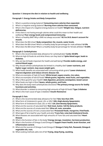 Unit 13: Sport Nutrition Question 1 Key Information Revision Sheet