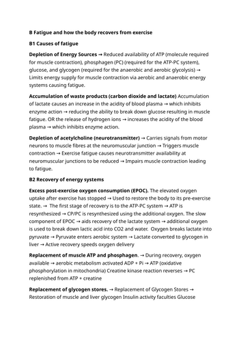 Unit 1 Ex Phys Learning Outcome B: Causes of Fatigue Key Infomation Revision Sheet