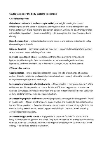 Unit 1: Ex Phys Learning Outcome C: Adaptations to  Exercise Key Information Sheet