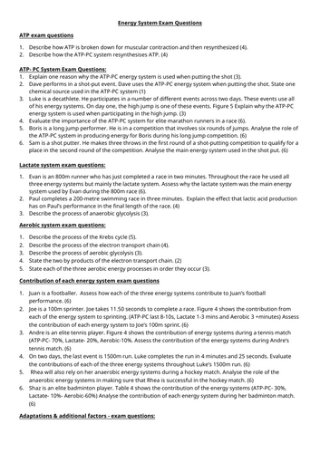 Unit 1 Anatomy and Physiology Energy Systems