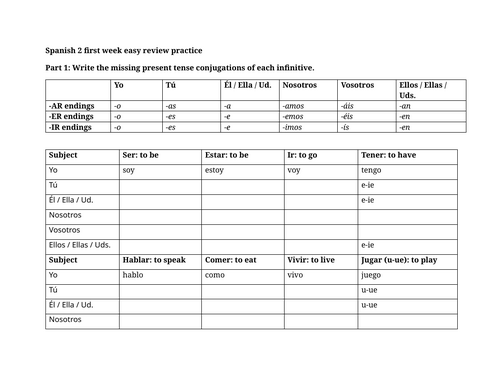 Spanish 2 first week easy review practice