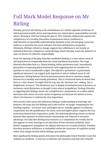 Mr Birling Grade 9 Full Mark Response AQA June 2026