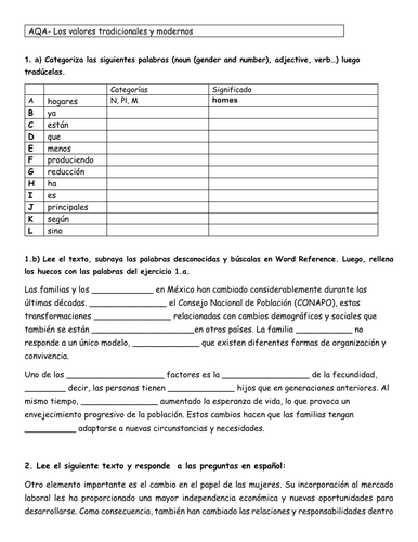 AQA A-level Los valores tradicionales y modernos- booklet with answers