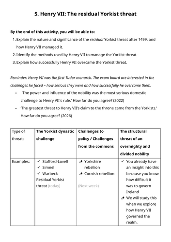 OCR Y106 The Early Tudors - Henry VII - Lesson 6 - Residual Yorkist threat