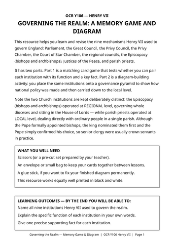 OCR Y106 The Early Tudors - Henry VII - Lesson 7 -  governing the realm