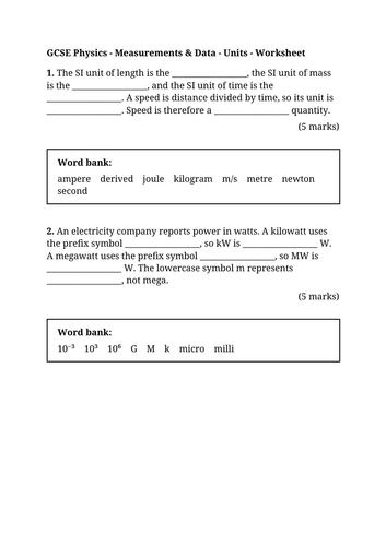 GCSE Physics - Measurements & Data - Units - Worksheet