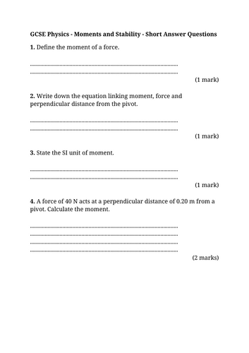 GCSE Physics - Moments and Stability - Short Answer Questions