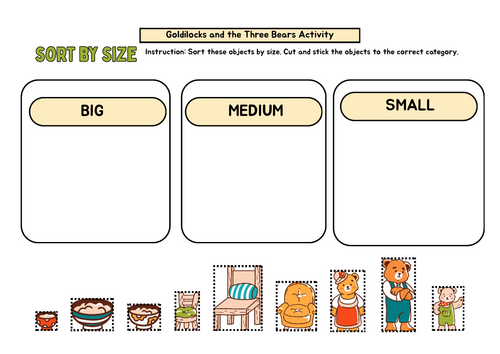 Goldilocks and the Three Bears size -sorting Cut and Paste Activity