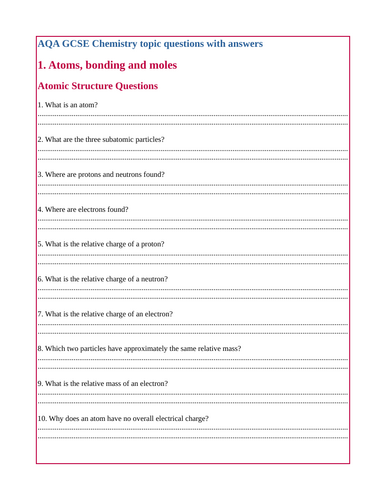 Exam style practice questions of Atomic structure and mole for AQA GCSE students