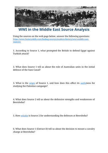WWI in the Middle East Source Analysis Worksheet