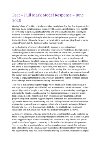 Fear in Lord of the Flies Full Mark Model Response